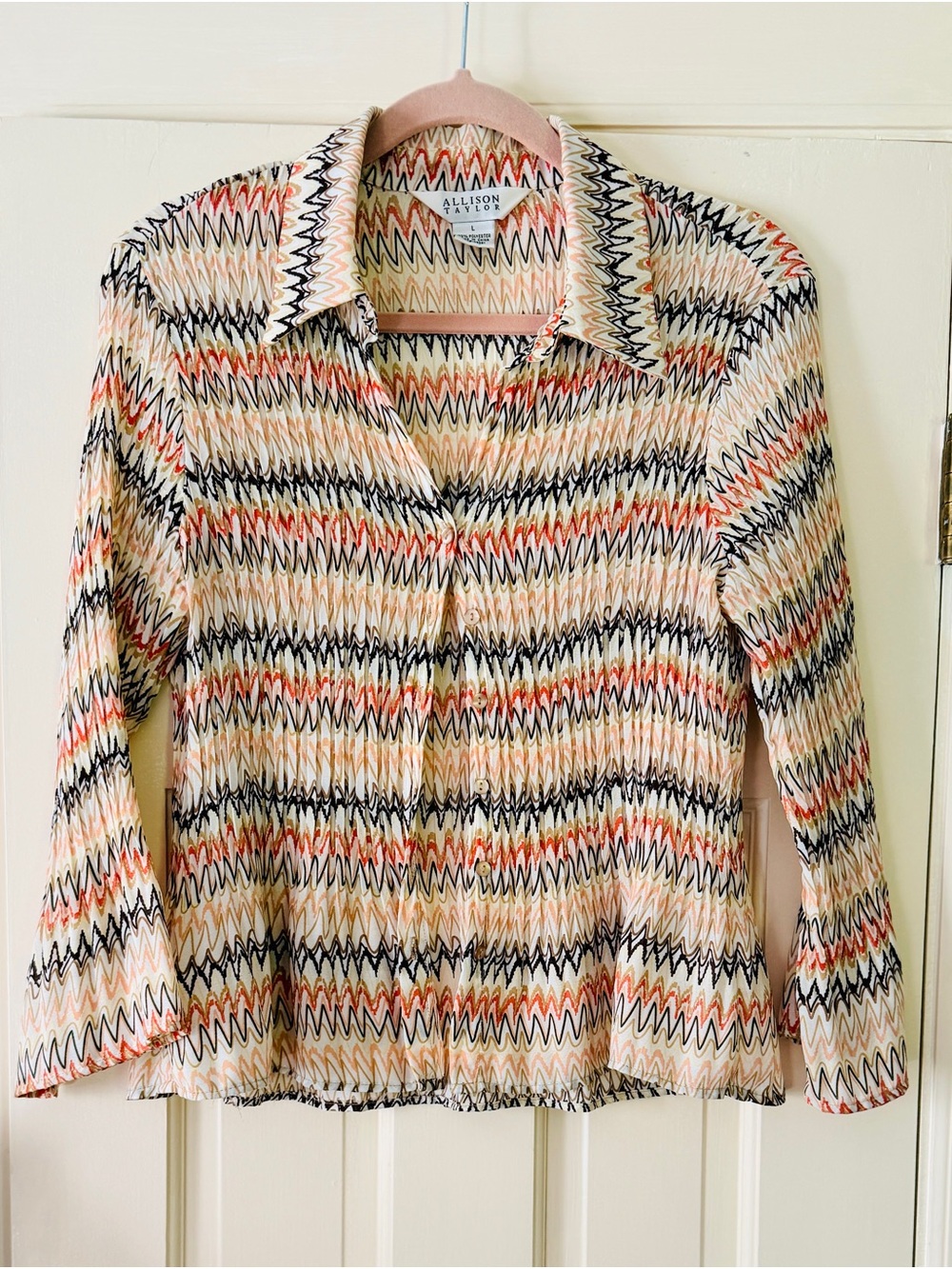 Allison Taylor Zigzag Chevron Button-Down Shirt in Black, Cream, Peach, Orange